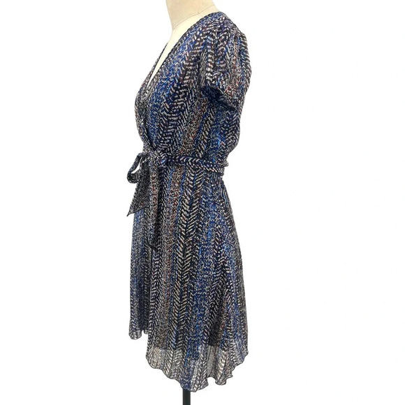 Anna Sui Wrap Mini Dress Short Sleeve Abstract Print Silk Blue Metallic Size 0 - Picture 5 of 8